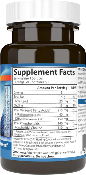 Carlson - Mom's DHA with Choline, 3:1 DHA to EPA Ratio Found in Breastmilk, Growth and Development, 60 Softgels