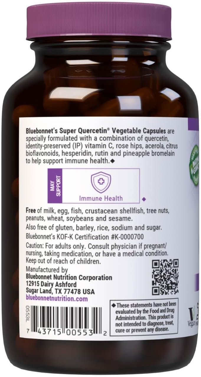 Bluebonnet BB-553 Nutrition Super Quercetin Vegetable Capsules, Vitamin C Formula, Best for Seasonal &amp; Immune Support, Non GMO, Gluten Free, Soy Free, Milk Free, Kosher, White, 90 Count