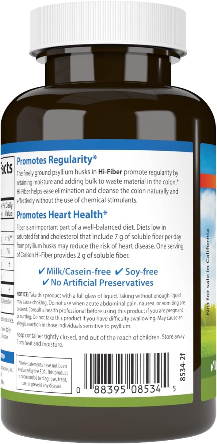 Carlson - Hi-Fiber, 3 g, Psyllium Husk Capsules, Regularity, Colon Health &amp; Heart Function, 100 Capsules