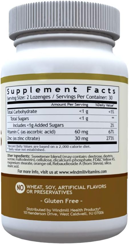 Windmill Health Natural Vitamins Zinc Lozenges with Vitamin C Honey Lemon Flavor, Immune System Support, Provides Antioxidant Support, Delicious &amp; Fast Acting, 60 Lozenges, 30 Servings.