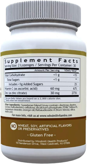 Windmill Health Natural Vitamins Zinc Lozenges with Vitamin C Honey Lemon Flavor, Immune System Support, Provides Antioxidant Support, Delicious & Fast Acting, 60 Lozenges, 30 Servings.