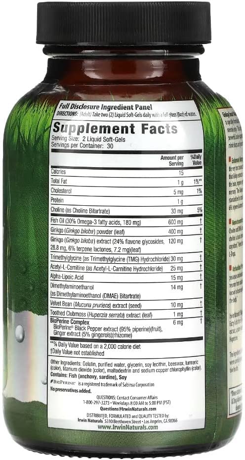 Irwin Naturals Ginkgo Smart Powerful Nootropic Brain Booster - Supports Maximum Memory, Focus &amp; Mental Clarity with DMAE, Clubmoss, Choline &amp; Acetyl L-Carnitine - 60 Liquid Softgels