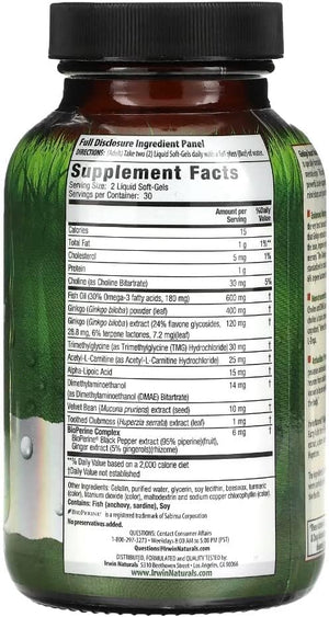 Irwin Naturals Ginkgo Smart Powerful Nootropic Brain Booster - Supports Maximum Memory, Focus & Mental Clarity with DMAE, Clubmoss, Choline & Acetyl L-Carnitine - 60 Liquid Softgels