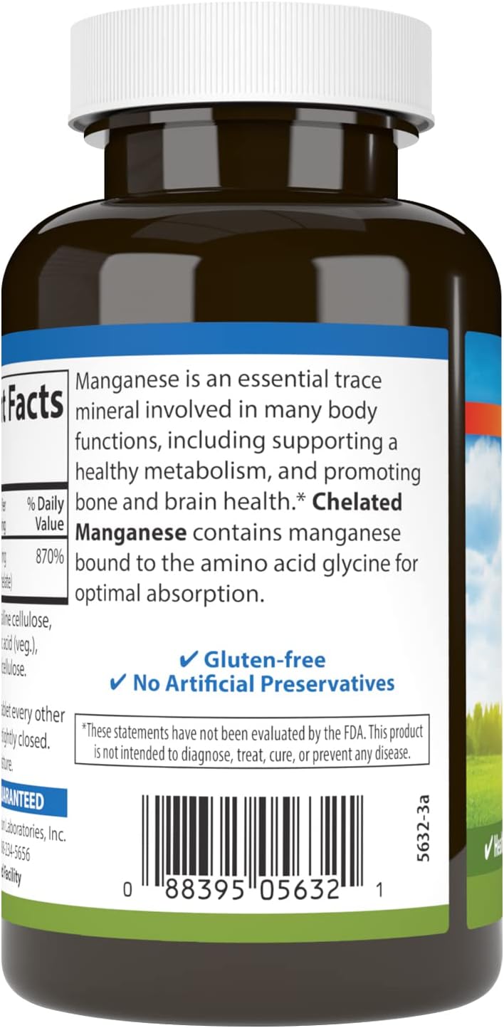 Carlson - Chelated Manganese, 20 mg - Superior Absorption, Healthy Metabolism, Bone Support &amp; Brain Health, 250 Tablets
