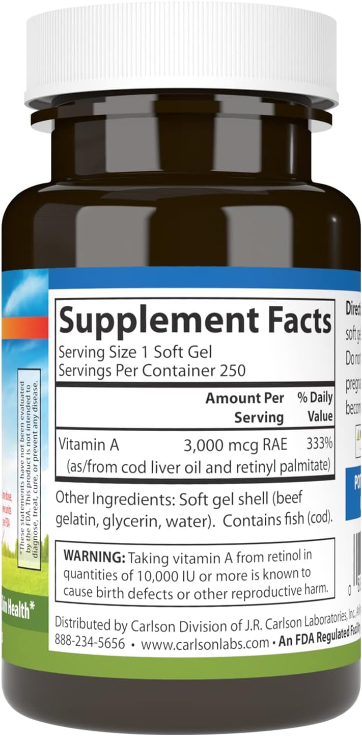 Carlson - Vitamin A, 10000 IU (3000 mcg RAE), Vitamin A Supplements, Immune Support, Vision Health, Antioxidant, 250 Softgels
