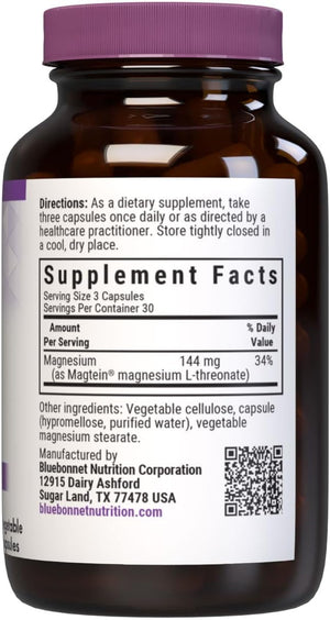 Bluebonnet Nutrition Magtein Magnesium L-Threonate, Brain Health*, Non-GMO, Vegan, Kosher Certified, Gluten-Free, Soy-Free, 90 Vegetable Capsules, 30 Servings