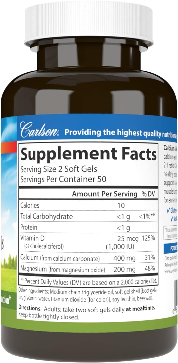 Carlson - Cal-Mag Gels, 2:1 Calcium to Magnesium Ratio, Bone Support, Energy Production, 100 Soft gels