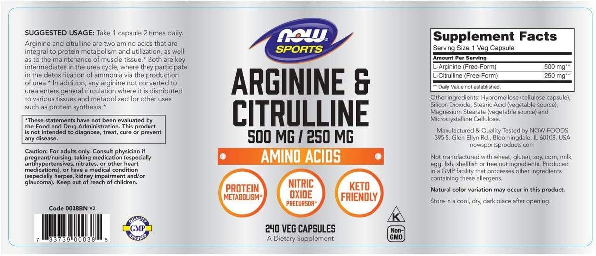 NOW Sports Nutrition, Arginine &amp; Citrulline 500 mg/ 250 mg, Amino Acids, 240 Veg Capsules