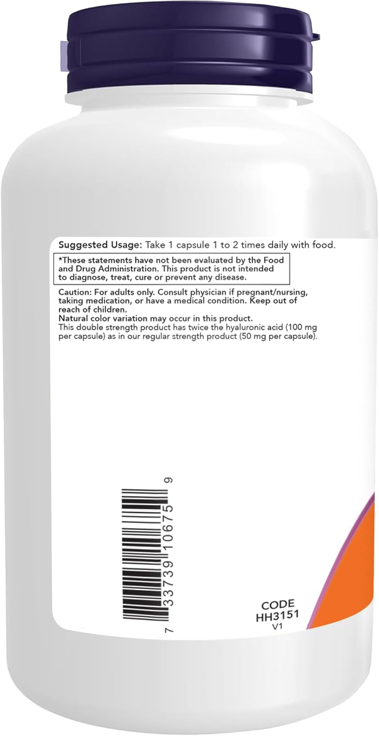 NOW Foods Supplements, Hyaluronic Acid 100 mg, Double Strength with L-Proline, Alpha Lipoic Acid and Grape Seed Extract, 180 Veg Capsules