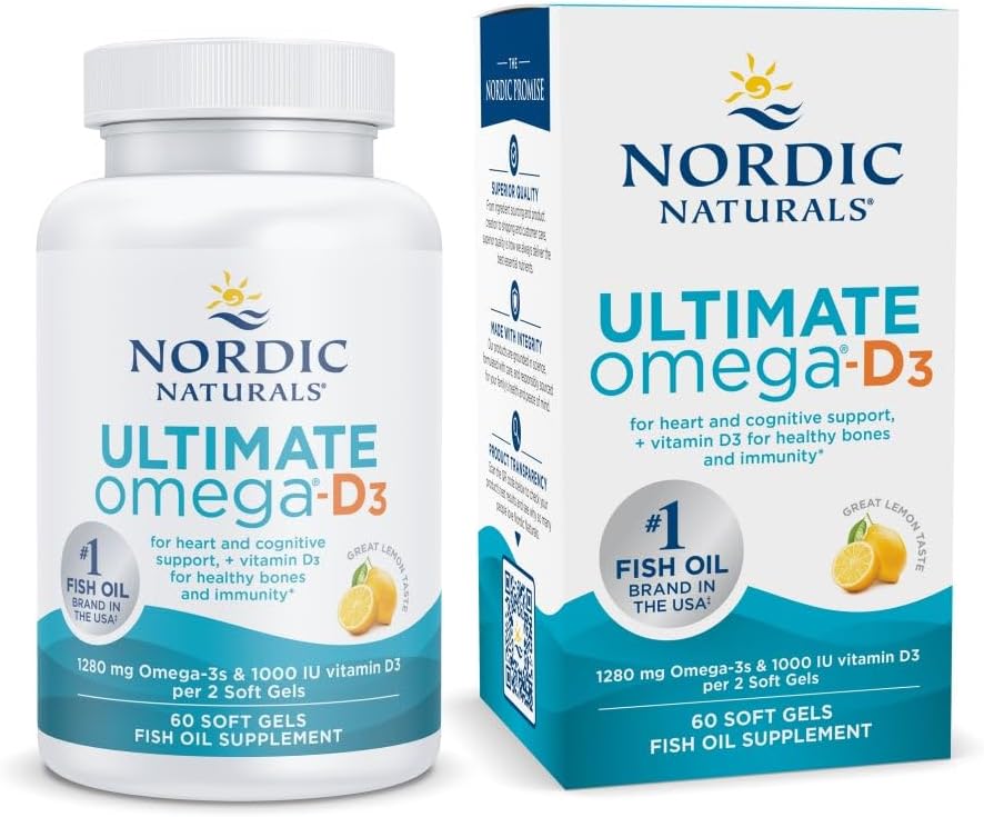 Nordic Naturals Ultimate Omega-D3, Lemon Flavor - 60 Soft Gels - 1280 mg Omega-3 + 1000 IU Vitamin D3 - EPA &amp; DHA - Promotes Brain, Heart, &amp; Immune Health - 30 Servings