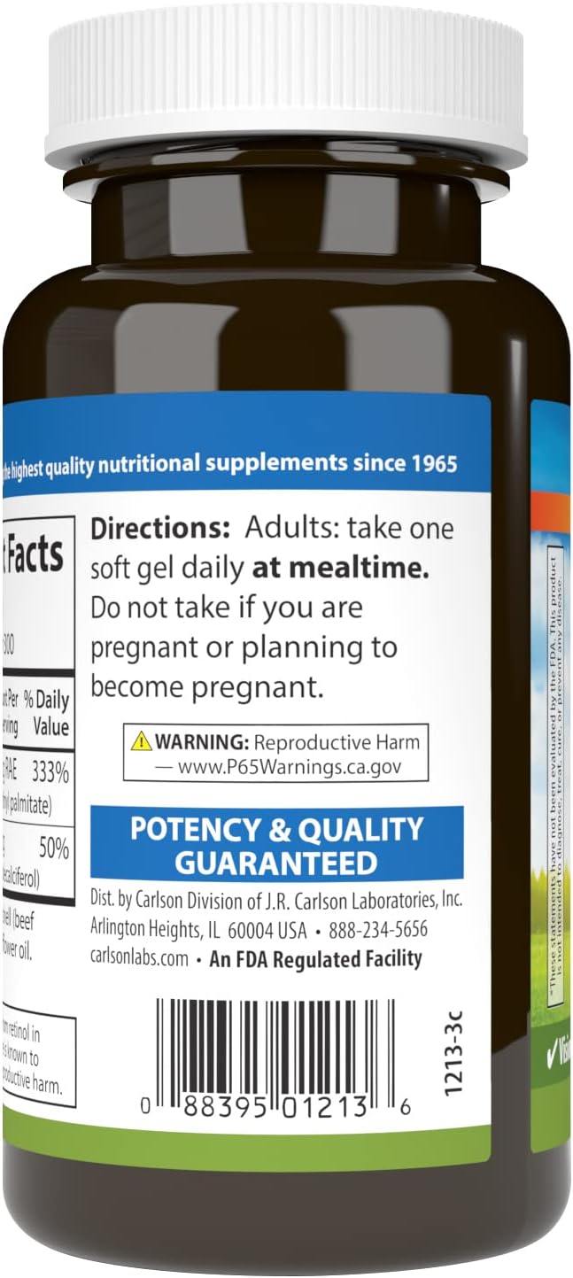 Carlson - A &amp; D, 10000 IU (3000 mcg RAE) Vitamin A, 400 IU (10 mcg) Vitamin D3, Vision Support, Skin Health, 300 Soft Gels