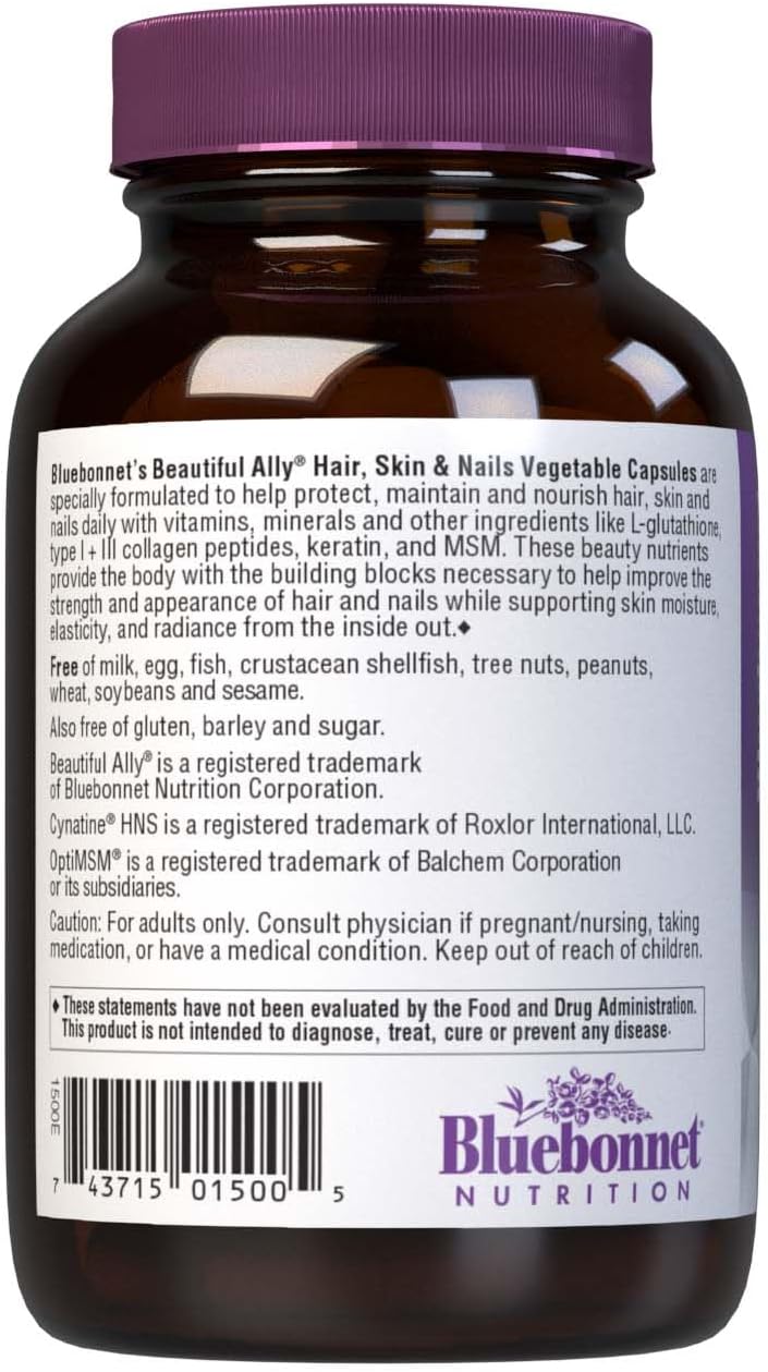 Bluebonnet Nutrition Beautiful Ally Hair, Skin &amp; Nails, Hydrolyzed Collagen from Grass Fed Cows, Collagen Peptides Type 1 &amp; 3, Non GMO, Gluten Free, Soy Free, Milk Free, Kosher, 60 Vegetable Capsules