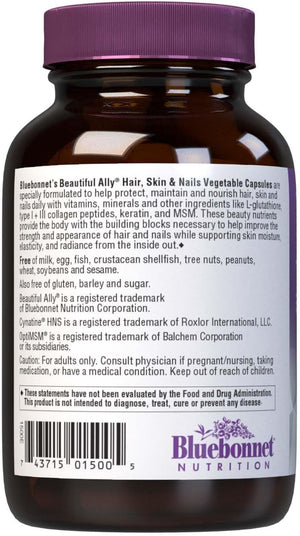 Bluebonnet Nutrition Beautiful Ally Hair, Skin & Nails, Hydrolyzed Collagen from Grass Fed Cows, Collagen Peptides Type 1 & 3, Non GMO, Gluten Free, Soy Free, Milk Free, Kosher, 60 Vegetable Capsules