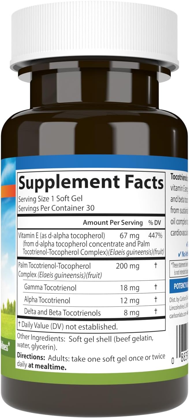 Carlson - Tocotrienols, 40 mg, with Natural-Source Vitamin E, Gamma, Alpha, Delta, Beta, Sustainably Sourced, 30 Softgels