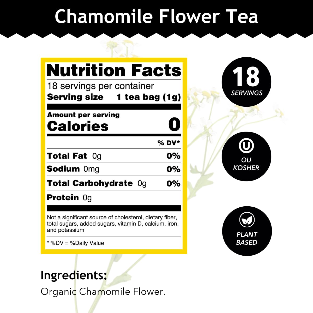 Buddha Teas - Organic Chamomile Flower Tea - Herbal Tea - For Health &amp; Wellbeing - With Antioxidants &amp; Minerals - Clean Ingredients - Caffeine Free - OU Kosher &amp; Non-GMO - 18 Tea Bags