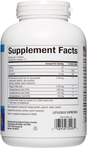 Natural Factors Ultra Strength RxOmega-3 Fish Oil, High Potency Formula, 2,150 mg Omega-3 Per Serving, No Fishy Aftertaste, 150 Softgels
