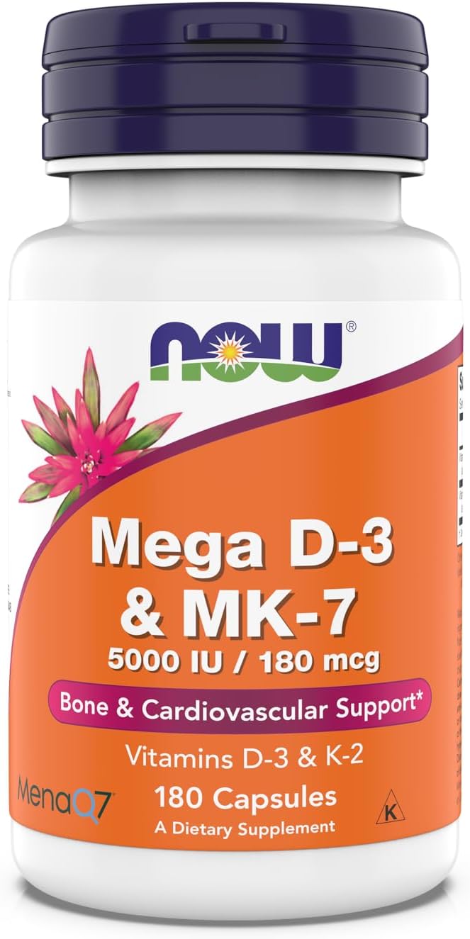 NOW Supplements, Mega D-3 &amp; MK-7, 5000 IU / 180 mcg, Bone &amp; Cardiovascular Support*, Vitamins K-3 &amp; K-2, 180 Capsules
