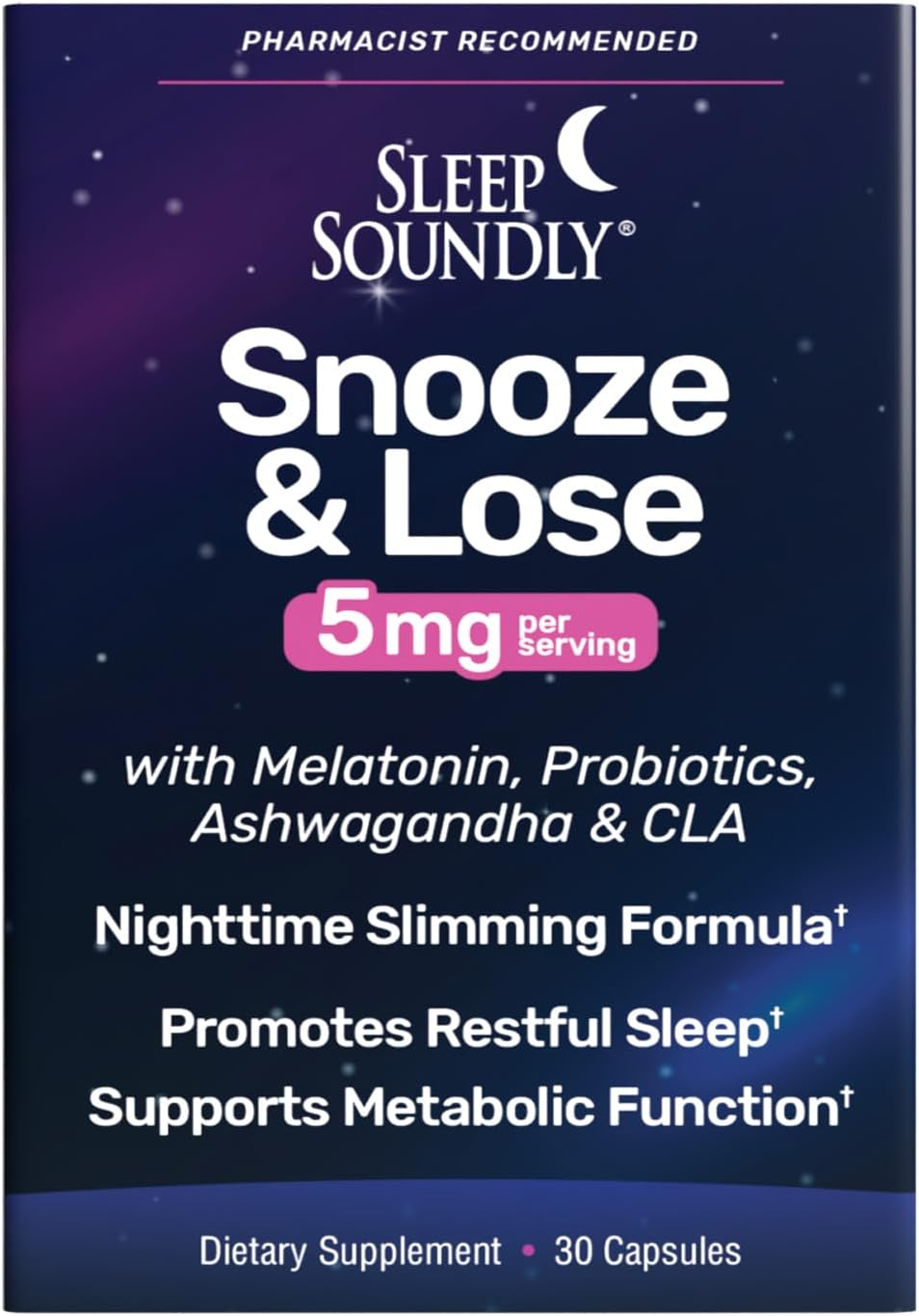 Snooze &amp; Loose 5mg, with Melatonin and CLA, Supports Metabolism, Probiotics and Ashwagandha, 30 Capsules