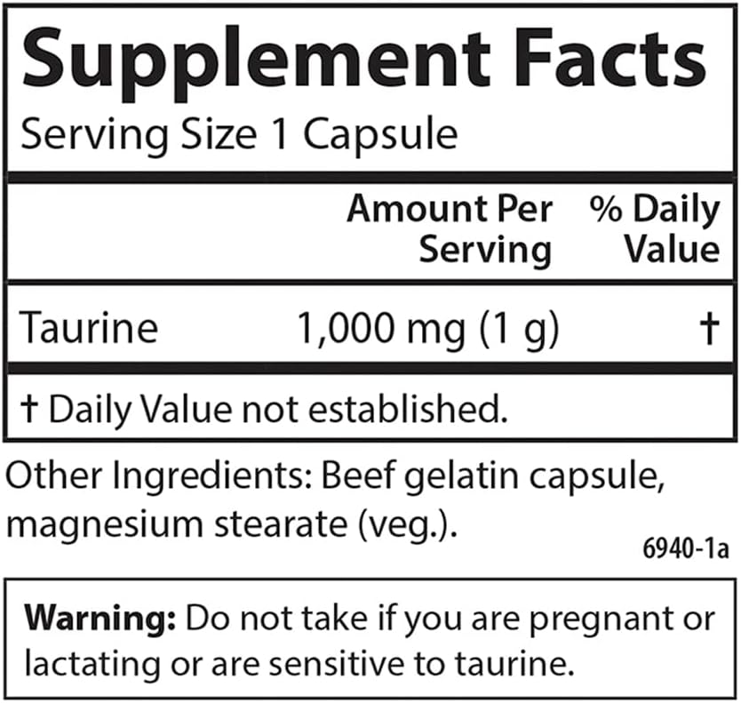 Taurine, Free-Form Amino Acid, Cardiovascular Support, Nerve Health &amp; Muscle Function, 100 Capsules