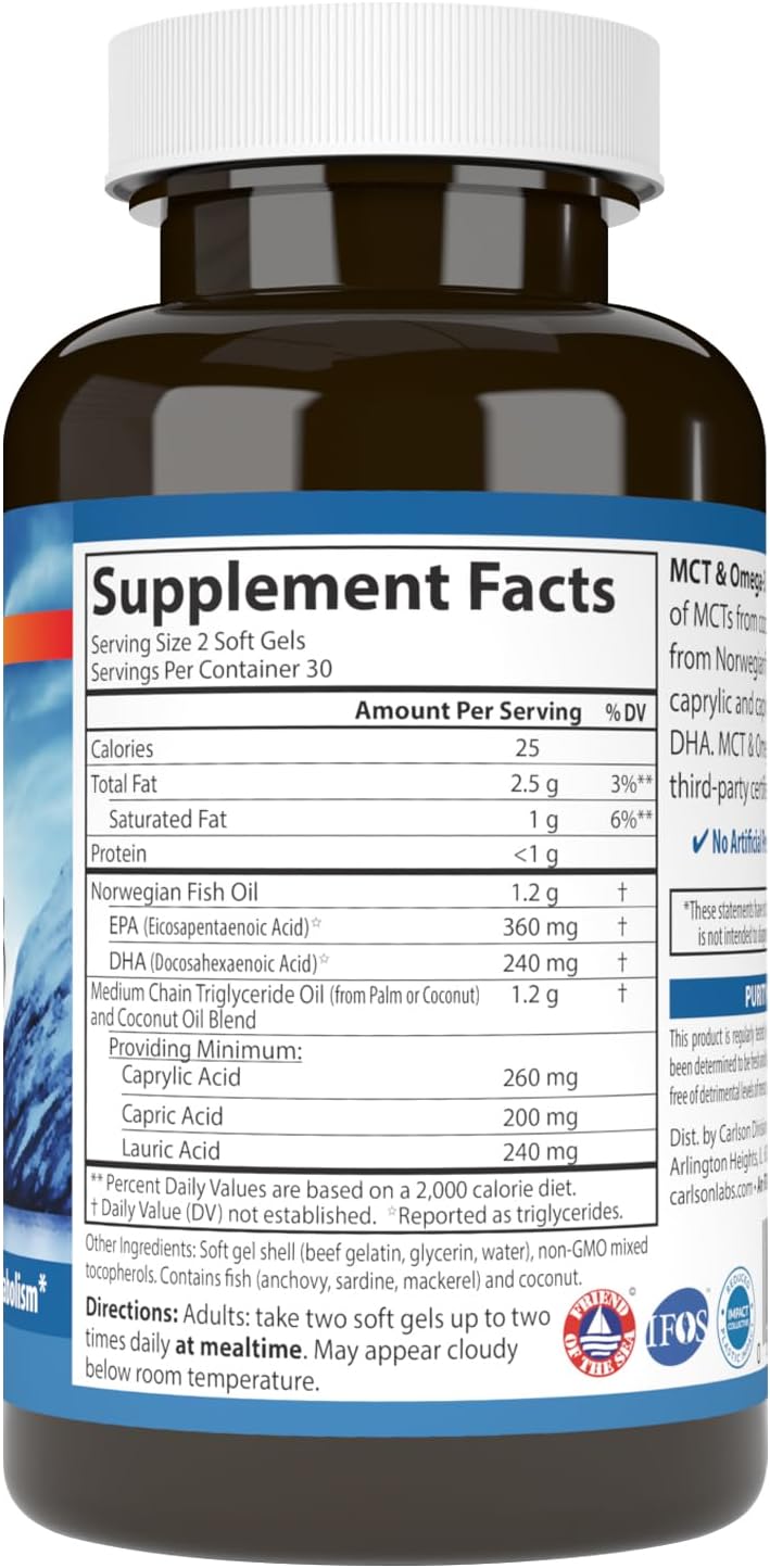 Carlson - MCT & Omega-3, Coconut Oil, Caprylic & Capric Acids, EPA & DHA, Energy Production, Fat Metabolism & Brain Health, 60 Softgels
