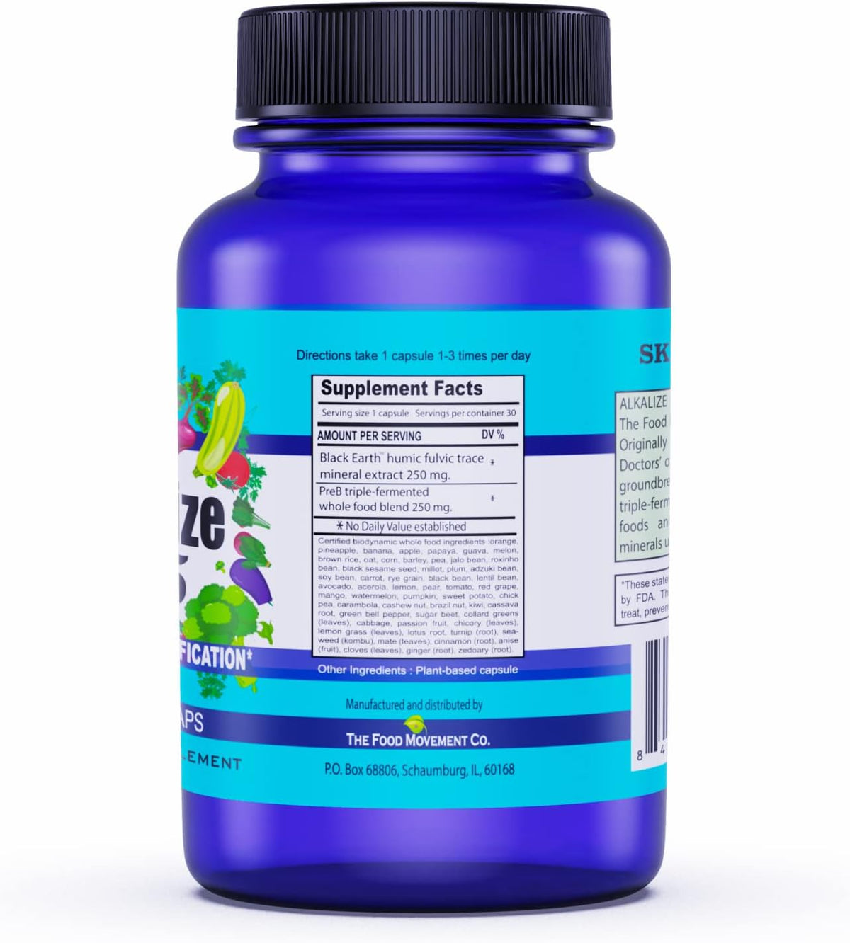The Food Movement - Alkalize 55, 55 Fermented Foods with Black Earth Humic Fulvic Trace Minerals, Electrolytes pH Balance, Immune Boosting, Vegan - 30 Veggie caps