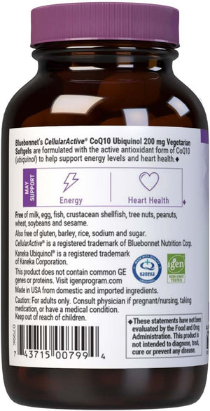 Bluebonnet Nutrition Active CoQ10 Ubiquinol 200mg Vegetarian Softgels, Heart & Cellular Health, Non GMO, Gluten, Soy & Milk Free, White, 60 Count