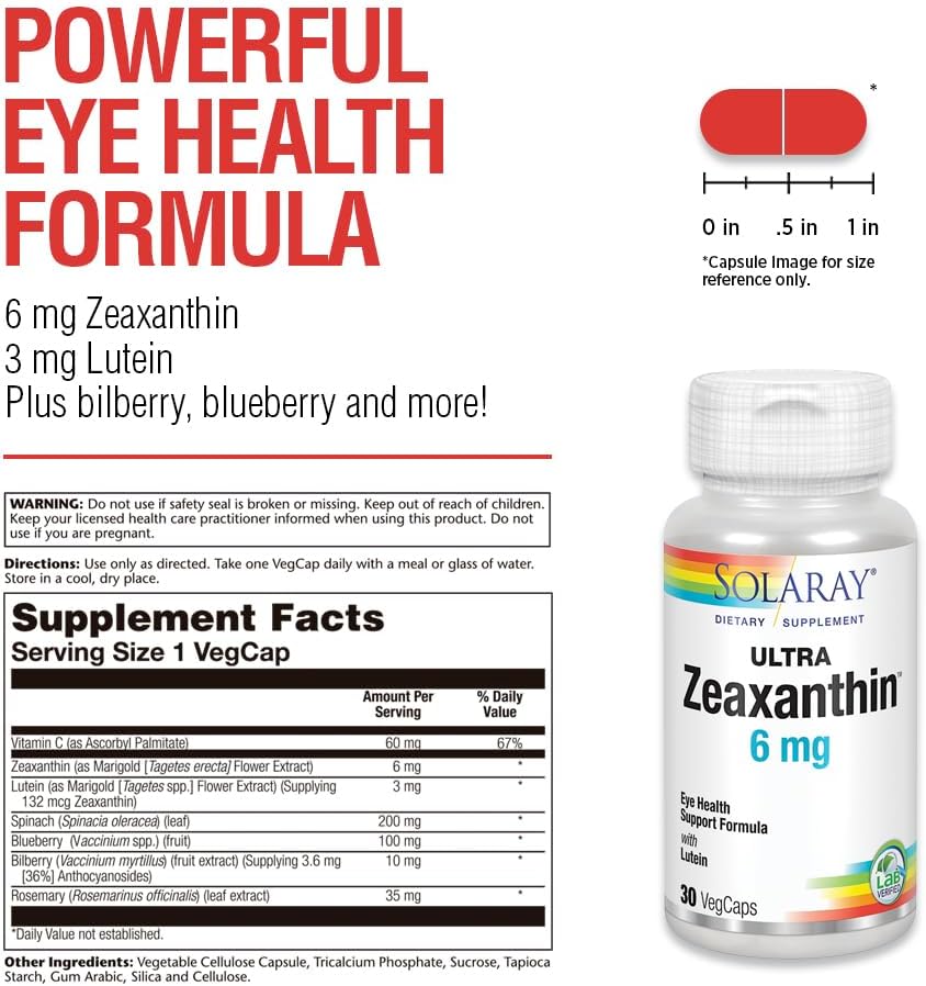 SOLARAY Ultra Zeaxanthin 6 mg | Eye Health &amp; Macular Support Formula with Lutein, Bilberry &amp; Blueberry | 30ct