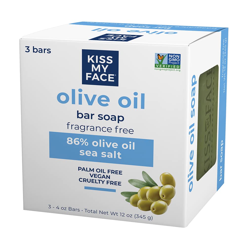 Kiss My Face Olive Oil Fragrance Free Bar Soap, Moisturizing Bar Soap, Cruelty Free Vegan Soap, Palm Oil Free, 4 Oz - 3 Count