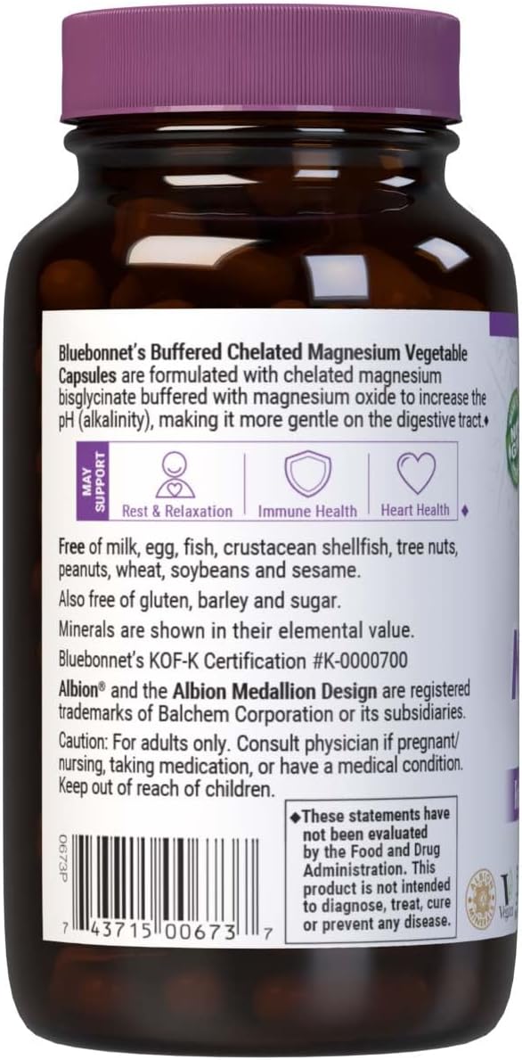 Bluebonnet Nutrition Albion Buffered Chelated Magnesium 200 mg, Magnesium Oxide, Stress Relief, Vegan, Non GMO, Gluten Free, Soy Free, Milk Free, Kosher, 120 Vegetable Capsules