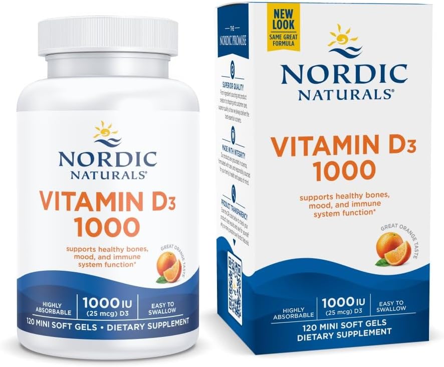 Nordic Naturals Vitamin D3 1000, Orange - 120 Mini Soft Gels - 1000 IU Vitamin D3 - Supports Healthy Bones, Mood &amp; Immune System Function - Non-GMO - 120 Servings
