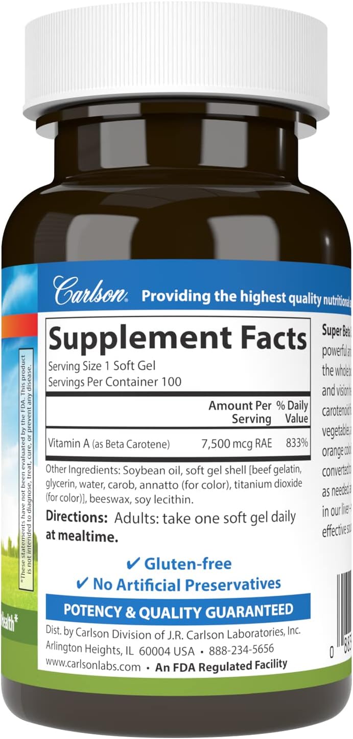 Carlson - Super Beta Carotene, 25000 IU (15 mg), Vitamin A as Beta Carotene, Bioavailable and Bioactive Form, Vision Health, Healthy Skin, 100 Softgels