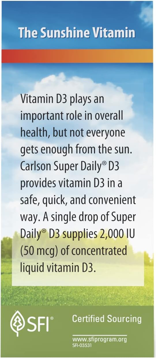 Carlson - Super Daily D3, Vitamin D Drops, 2,000 IU per Drop, 1-Year Supply, Vitamin D3 Liquid, Heart &amp; Immune Health, Vegetarian, Liquid Vitamin D Drops, Unflavored, 365 Drops