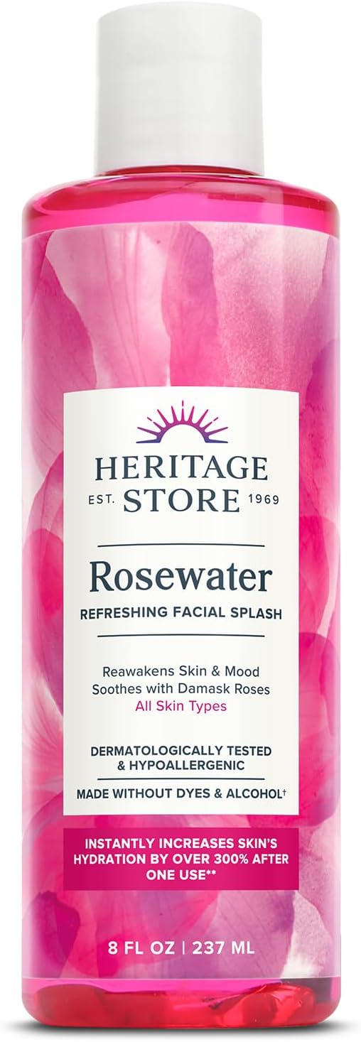 HERITAGE STORE Rosewater - Refreshing Facial Splash for Glowing Skin with Damask Rose - All Skin Types - Rose Water for Face - Made Without Dyes or Alcohol, Hypoallergenic, Vegan, Cruelty Free, 8oz