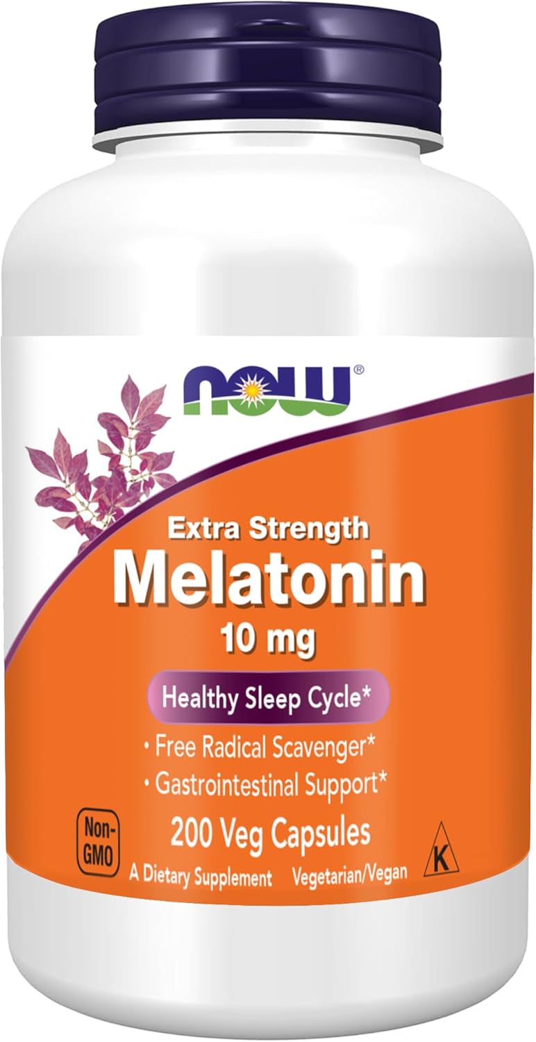 NOW Foods Supplements, Melatonin, Extra Strength 10 mg, Free Radical Scavenger*, Healthy Sleep Cycle*, 200 Veg Capsules