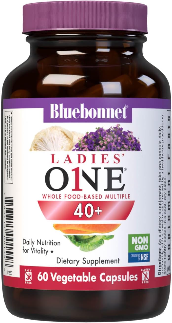 Bluebonnet Nutrition Ladies’ ONE 40+ Whole Food-Bed Multiple, Women Multivitamin for Women 40+, Soy-Free, Non-GMO, Gluten Free, 60 Vegetable Capsules, 60 Servings | Non-GMO, Kosher, Gluten-Free, Soy-Free