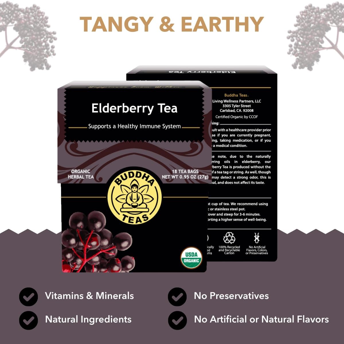 Buddha Teas - Organic Elderberry - Herbal Tea - For Health &amp; Wellbeing - With Antioxidants &amp; Minerals - Clean Ingredients - Caffeine Free - OU Kosher &amp; Non-GMO - 18 Tea Bags