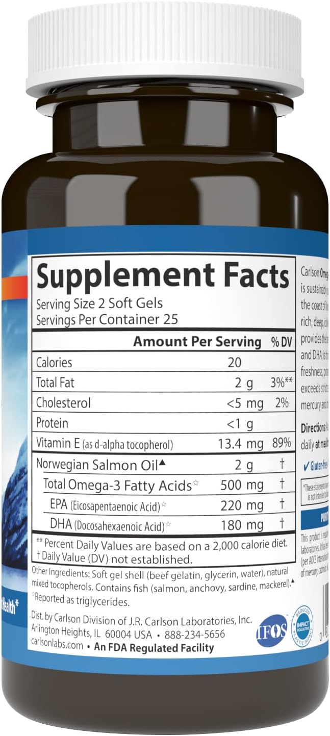 Carlson Salmon Oil, 500mg Omega-3s, Wild-Caught Norwegian Fish Oil, Sustainably Sourced, 50 Softgels