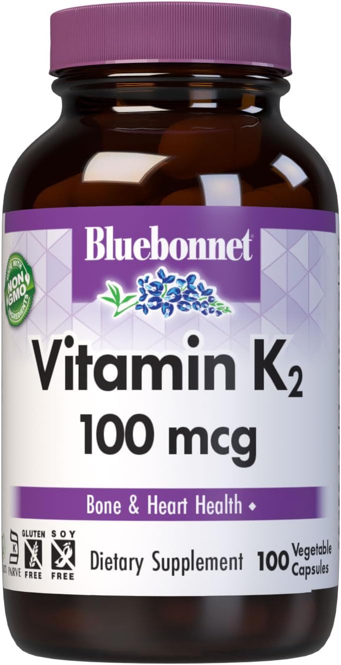 Bluebonnet Nutrition Vitamin K2 Supplement 100 mcg Daily Vit K2 MK7 Heart Health &amp; Bone Vitamins for Women &amp; Men* - Vegan, non-GMO, Dairy-Free, Gluten-Free Vit K - 100 Vegetable Capsules