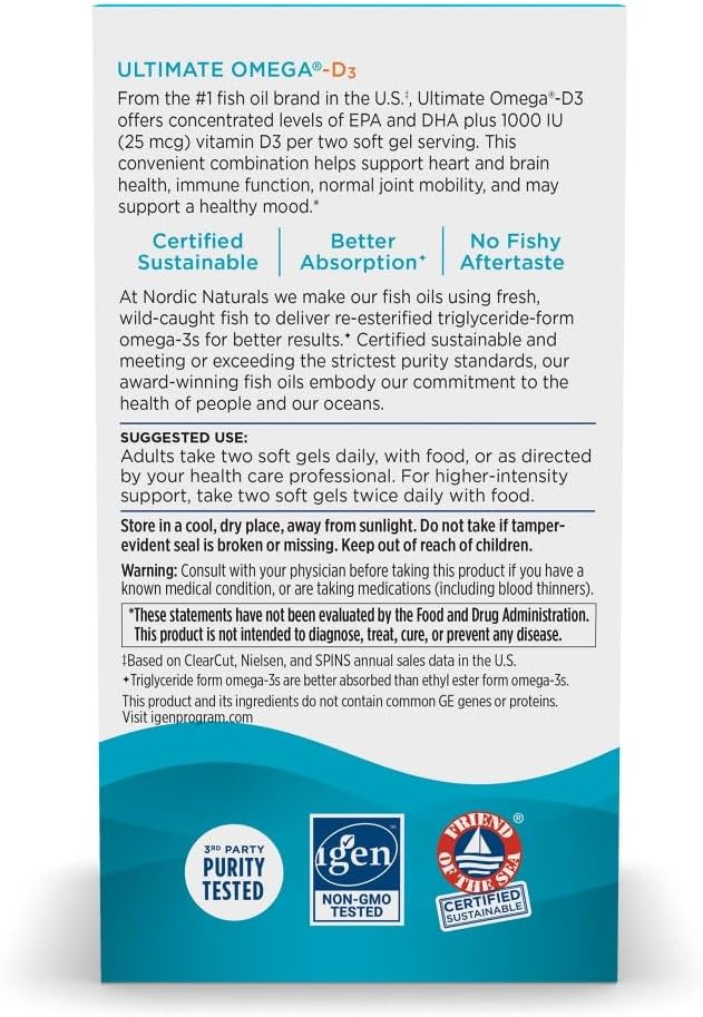 Nordic Naturals Ultimate Omega-D3, Lemon Flavor - 60 Soft Gels - 1280 mg Omega-3 + 1000 IU Vitamin D3 - EPA &amp; DHA - Promotes Brain, Heart, &amp; Immune Health - 30 Servings