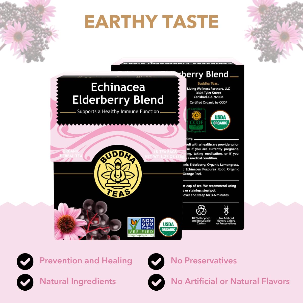 Buddha Teas - Organic Echinacea Elderberry Blend - Herbal Tea - For Health &amp; Wellbeing - With Antioxidants &amp; Minerals - Clean Ingredients - No Caffeine - OU Kosher &amp; Non-GMO - 18 Tea Bags
