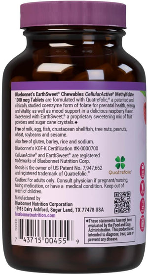 Bluebonnet EarthSweet Methylfolate 1000 mcg Cellular Active Coenzyme 5-MTHF L Methyl Folate Supplement - Prenatal & Energy Support - Non-GMO, Vegan, Gluten-Free - Raspberry - 90 Chewable Tablets