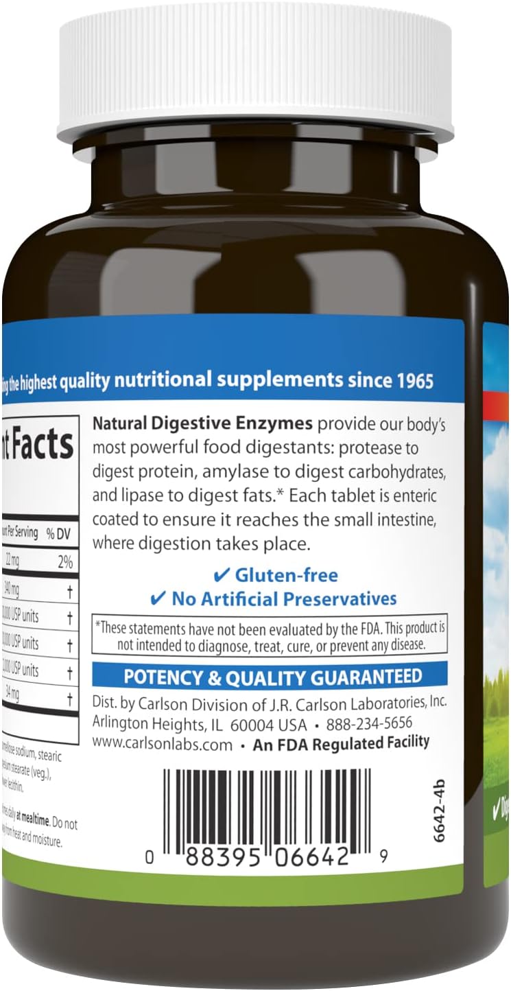 Carlson - Natural Digestive Enzymes, Digestive Aid #34 with Protease, Amylase &amp; Lipase, Digestive Support, Nutrient Absorption &amp; Optimal Wellness, 250 Tablets