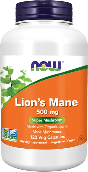 NOW Foods Supplements, Lion's Mane 500 mg, Super Mushroom, Made with Organic Lion's Mane Mushrooms, 120 Veg Capsules