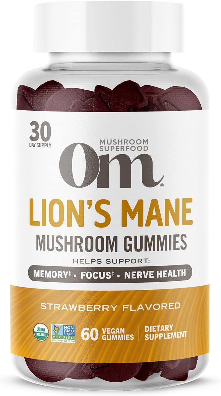 OM Mushroom Superfood Lion&#39;s Mane Gummies, 60 Count, 30 Servings, USA Grown Organic Mushrooms, Organic Nootropic Gummies for Memory, Focus and Mood