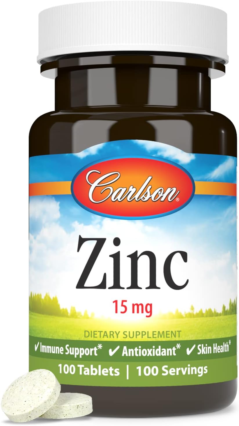 Carlson - Zinc, 15 mg, Zinc Supplement, Zinc Gluconate, Immune Support &amp; Skin Health, Zinc Tablets, Antioxidant, Zinc Capsules, 100 Tablets