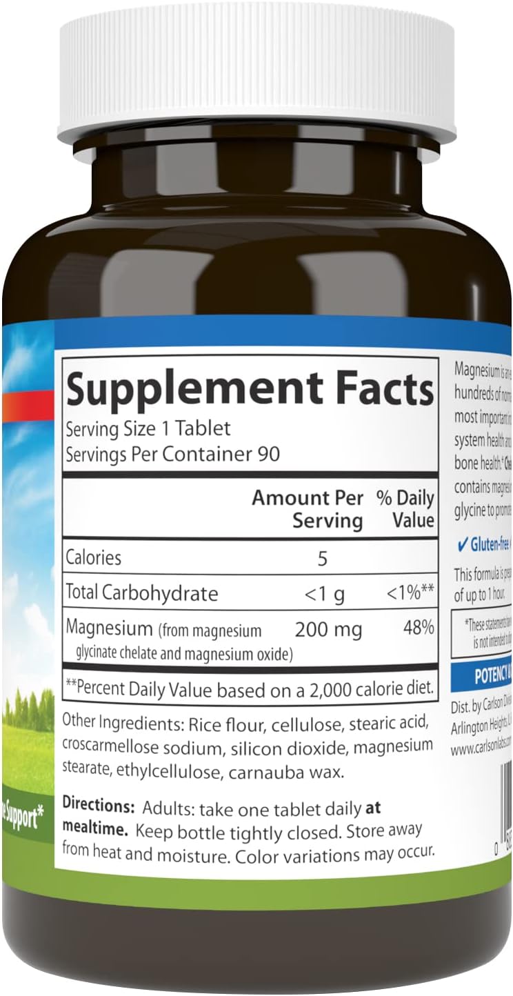 Carlson - Chelated Magnesium, 200 mg - Superior Absorption, Heart &amp; Muscle Function, Bone Support, 90 tablets