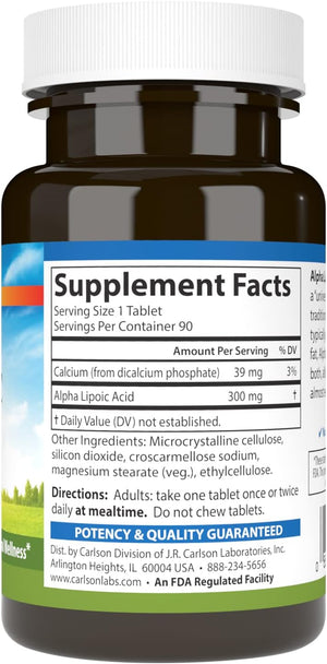 Carlson - Alpha Lipoic Acid, 300 mg, Promotes Energy Production, 90 Tablets