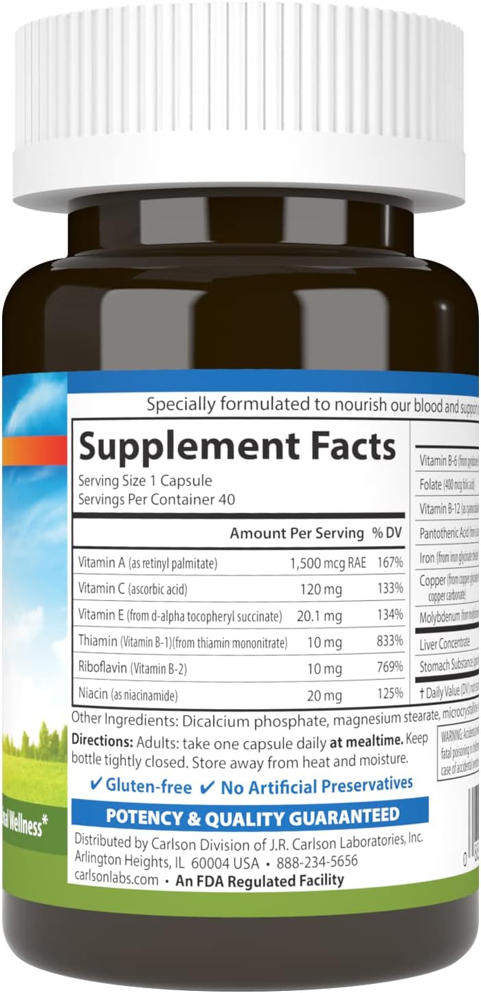 Carlson - Blood Nutrients, 28 mg Iron, Blood Development, Iron Absorption &amp; Optimal Wellness, 40 Capsules