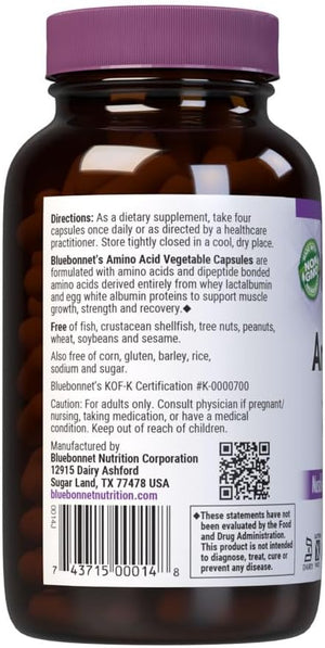 Bluebonnet Amino Acid 750 mg Vitamin Capsules, White, 180 Count