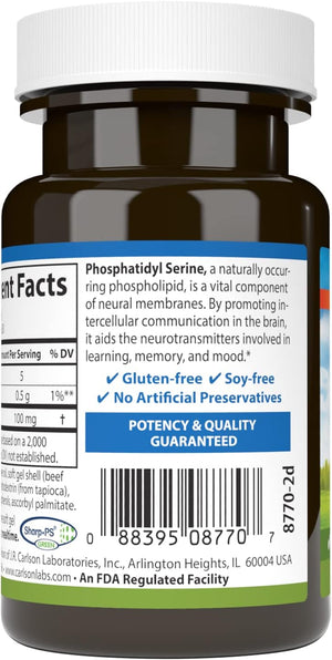 Carlson - Phosphatidyl Serine, 100 mg, Non-GMO, Brain Function, 30 Softgels